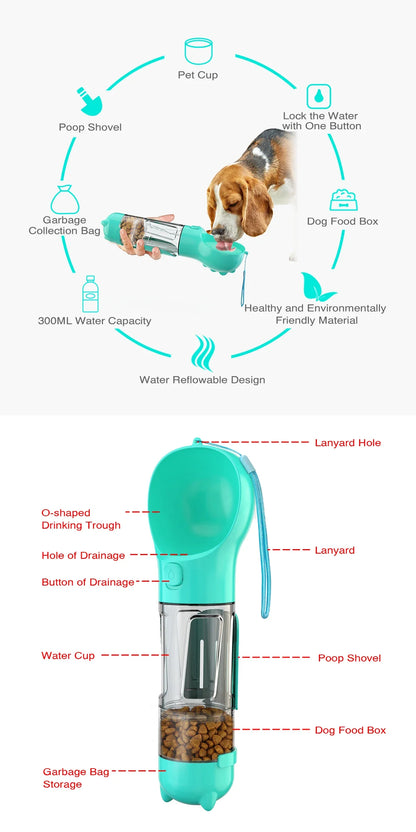 3-in-1 portable dog water bottle and food dispenser