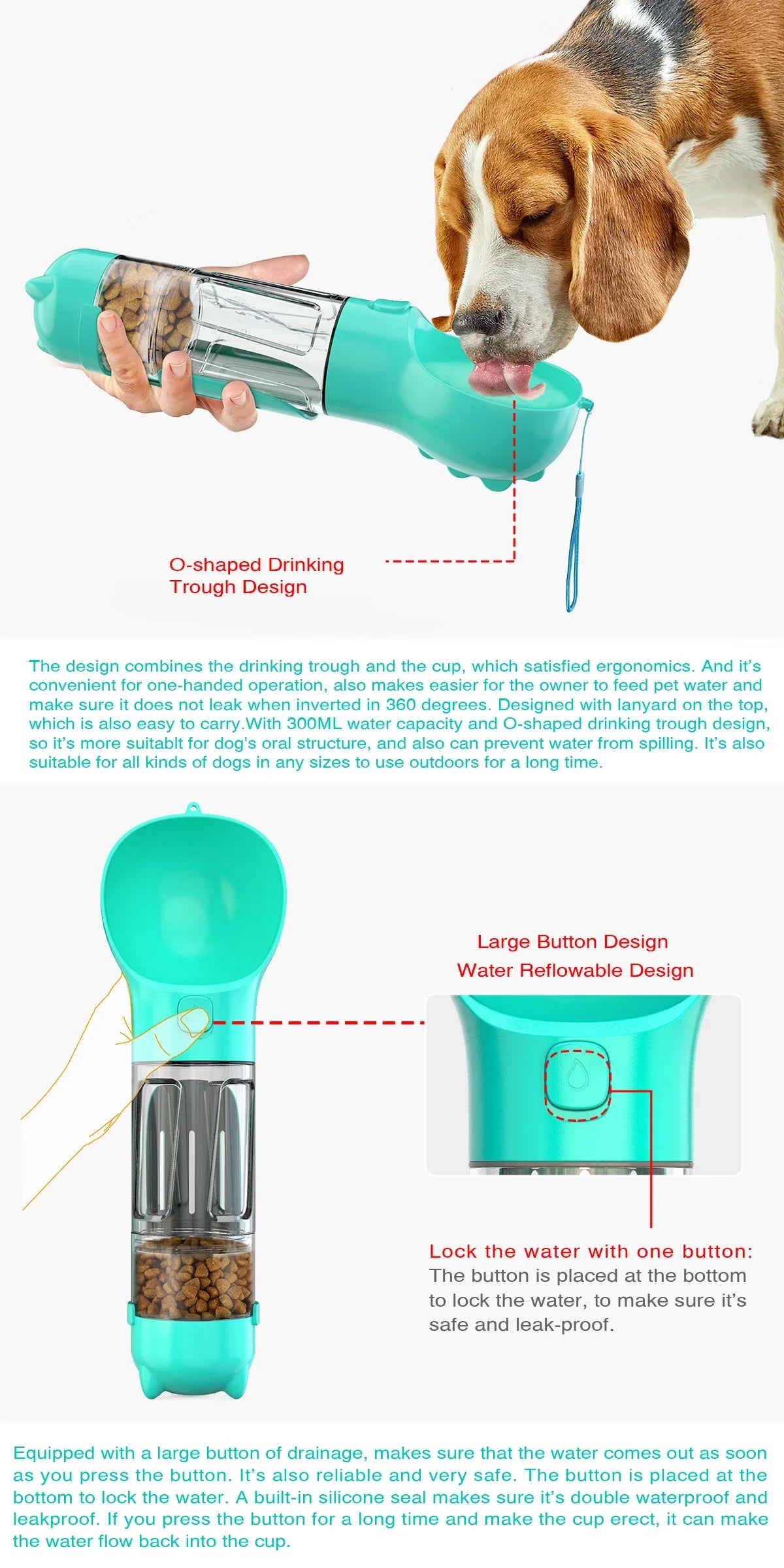 3-in-1 portable dog water bottle and food dispenser